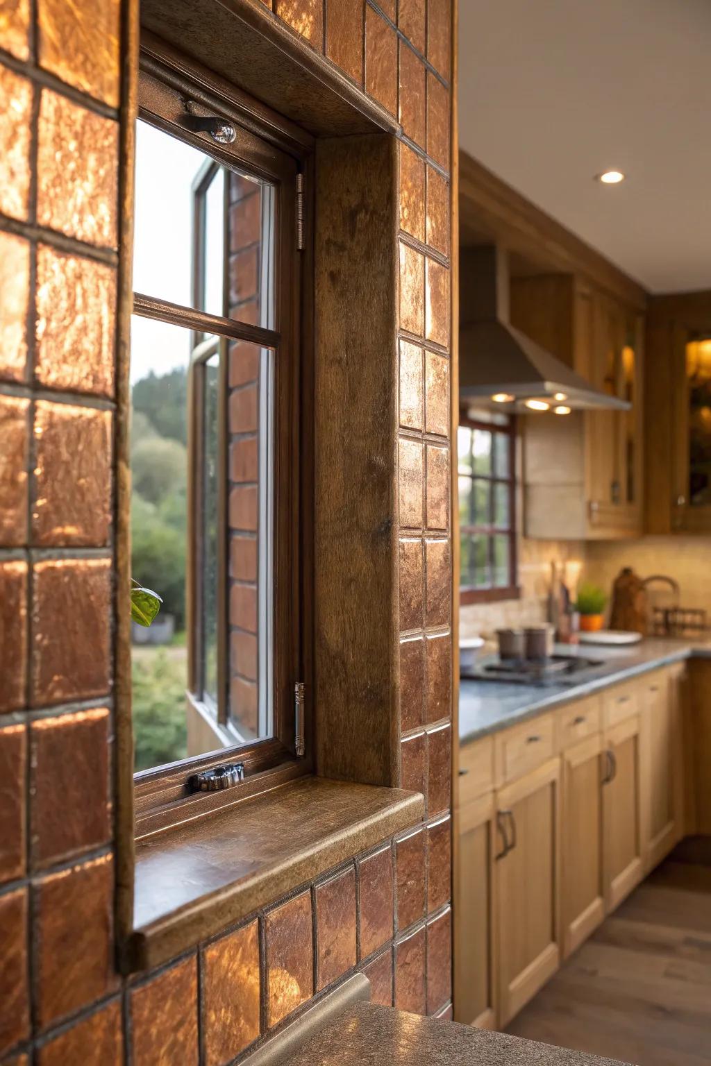 Copper metallic tiles adding sparkle around a kitchen window.