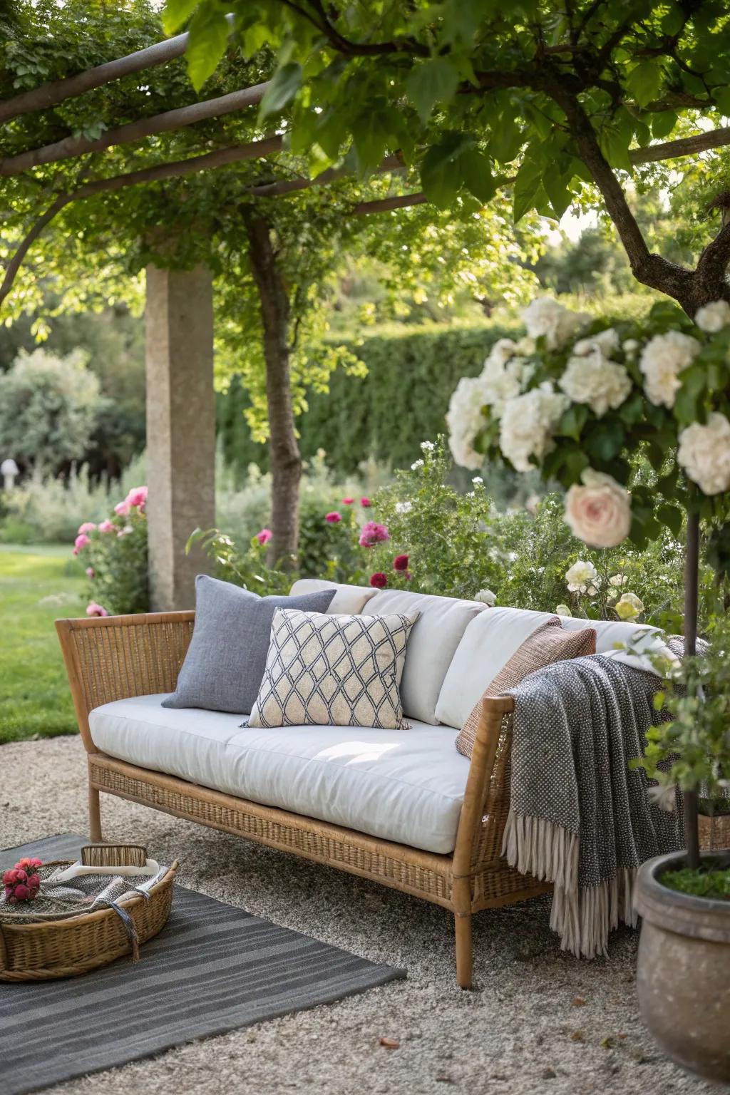 Layered textures add depth and interest to outdoor couches.