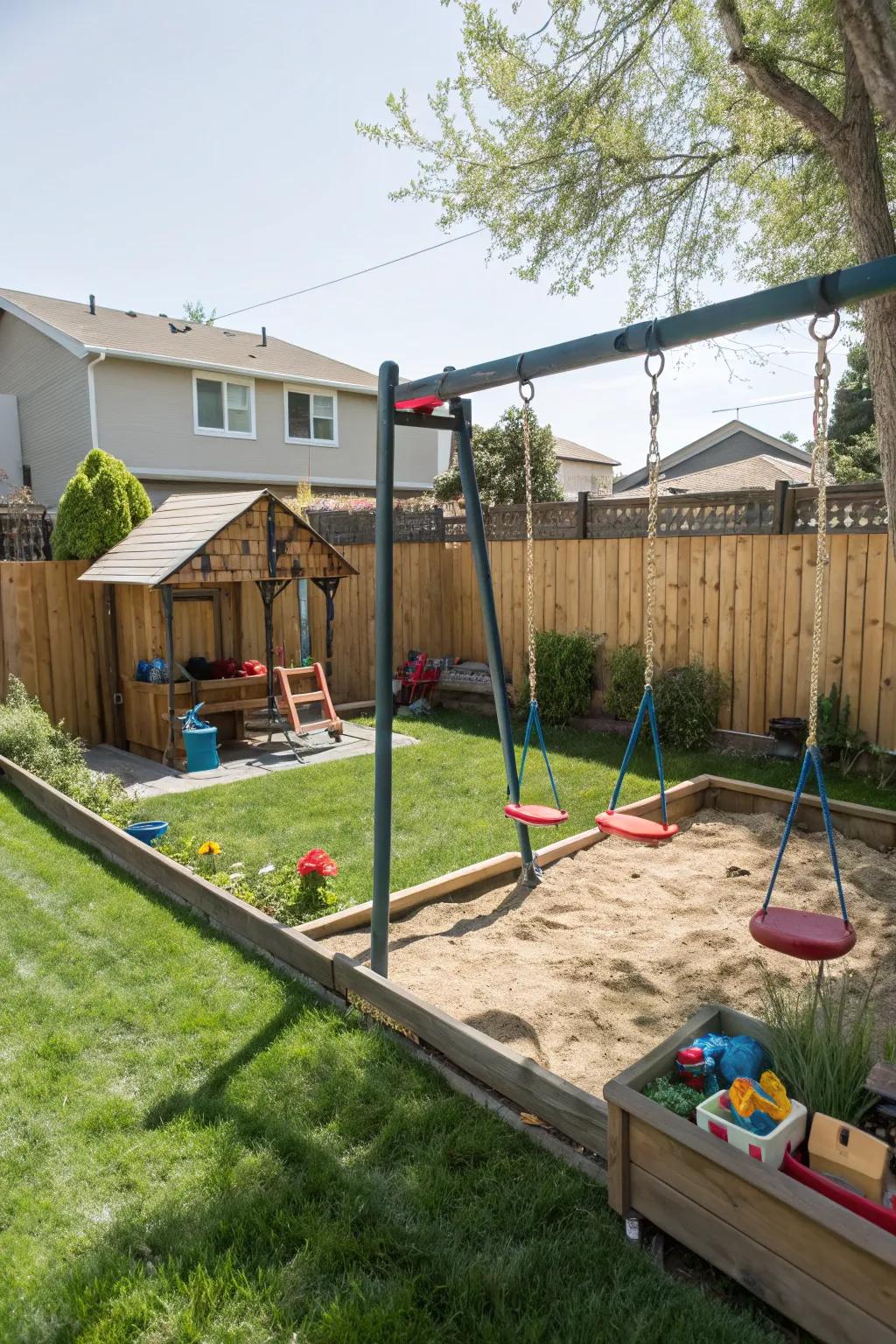 A children's play area makes the backyard family-friendly.