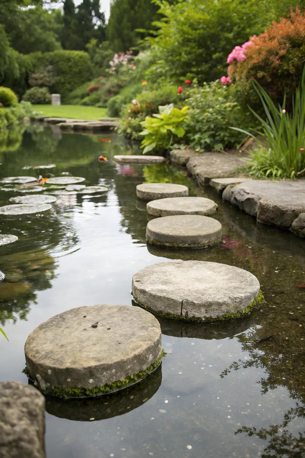 Floating stones create a magical illusion in water features.