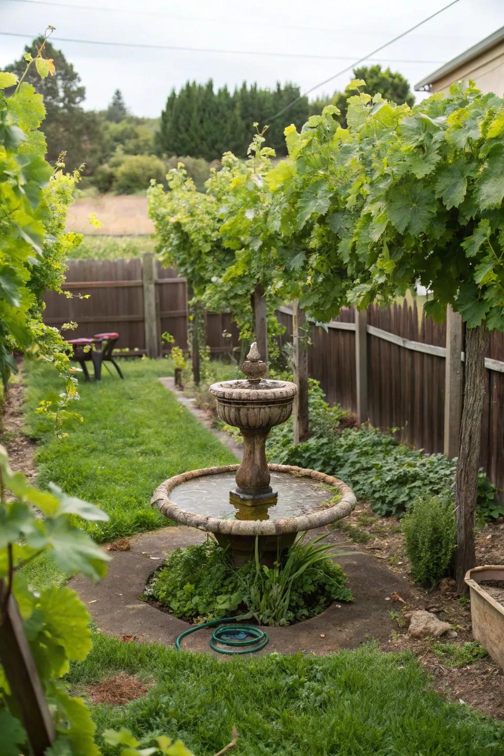 A water feature enhances the vineyard’s serene ambiance.