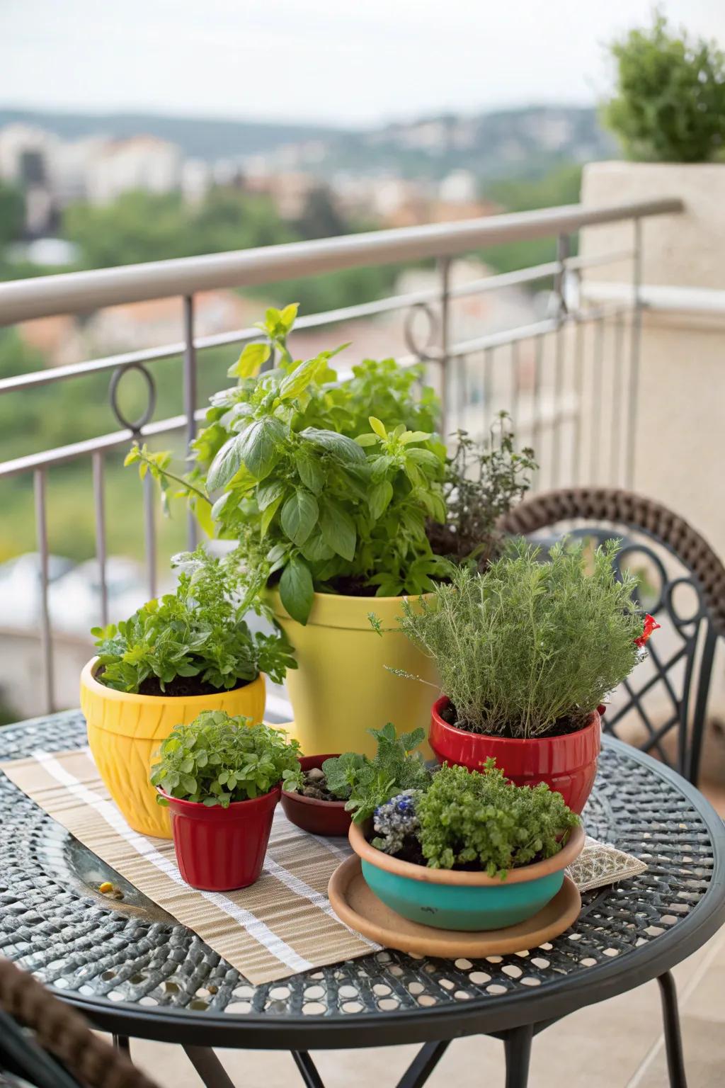 A table centerpiece filled with herbs is both decorative and practical.