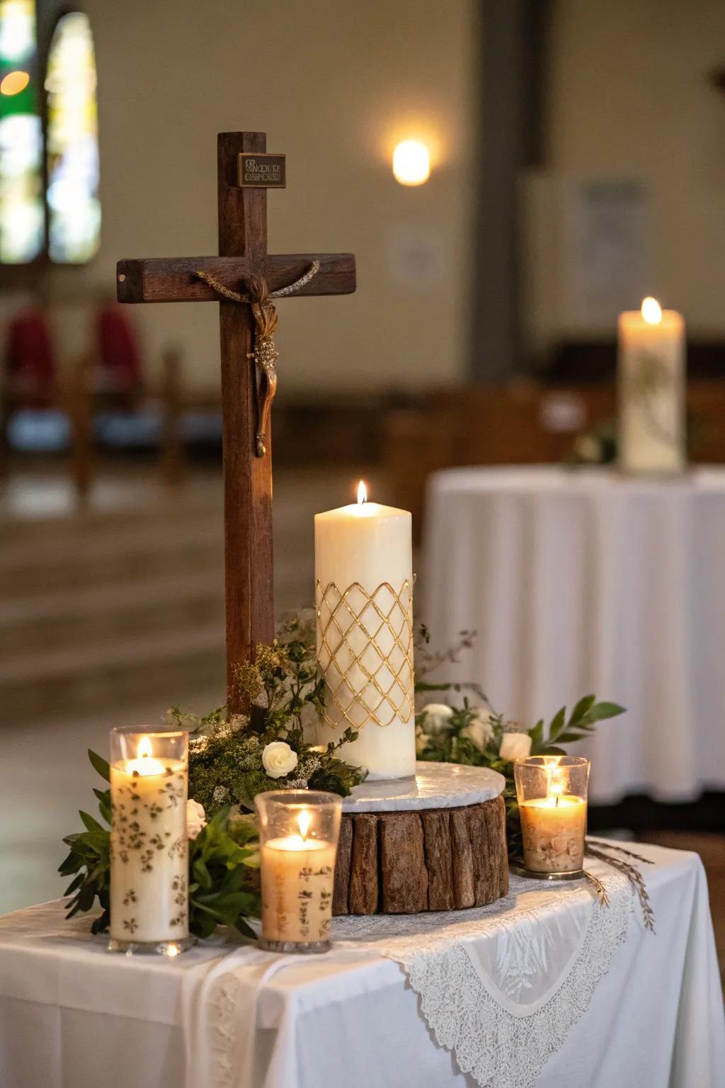 A cross and candle duo highlights spiritual significance.