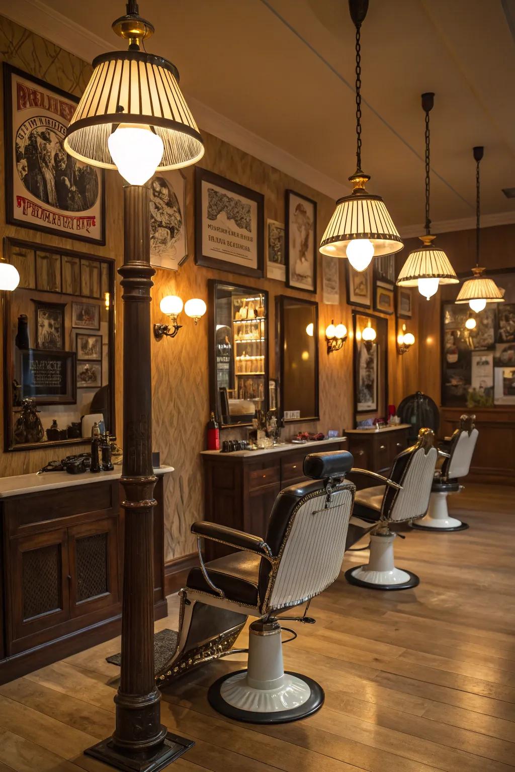 Elegant floor lamps enhancing the ambiance in a barbershop.