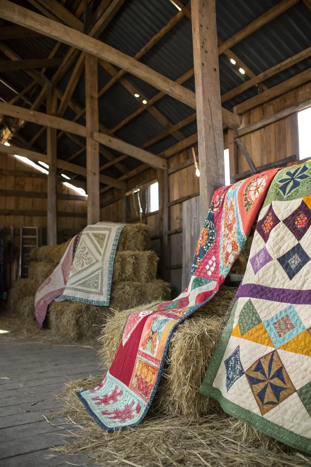 Quilts add warmth and color to the barn setting.