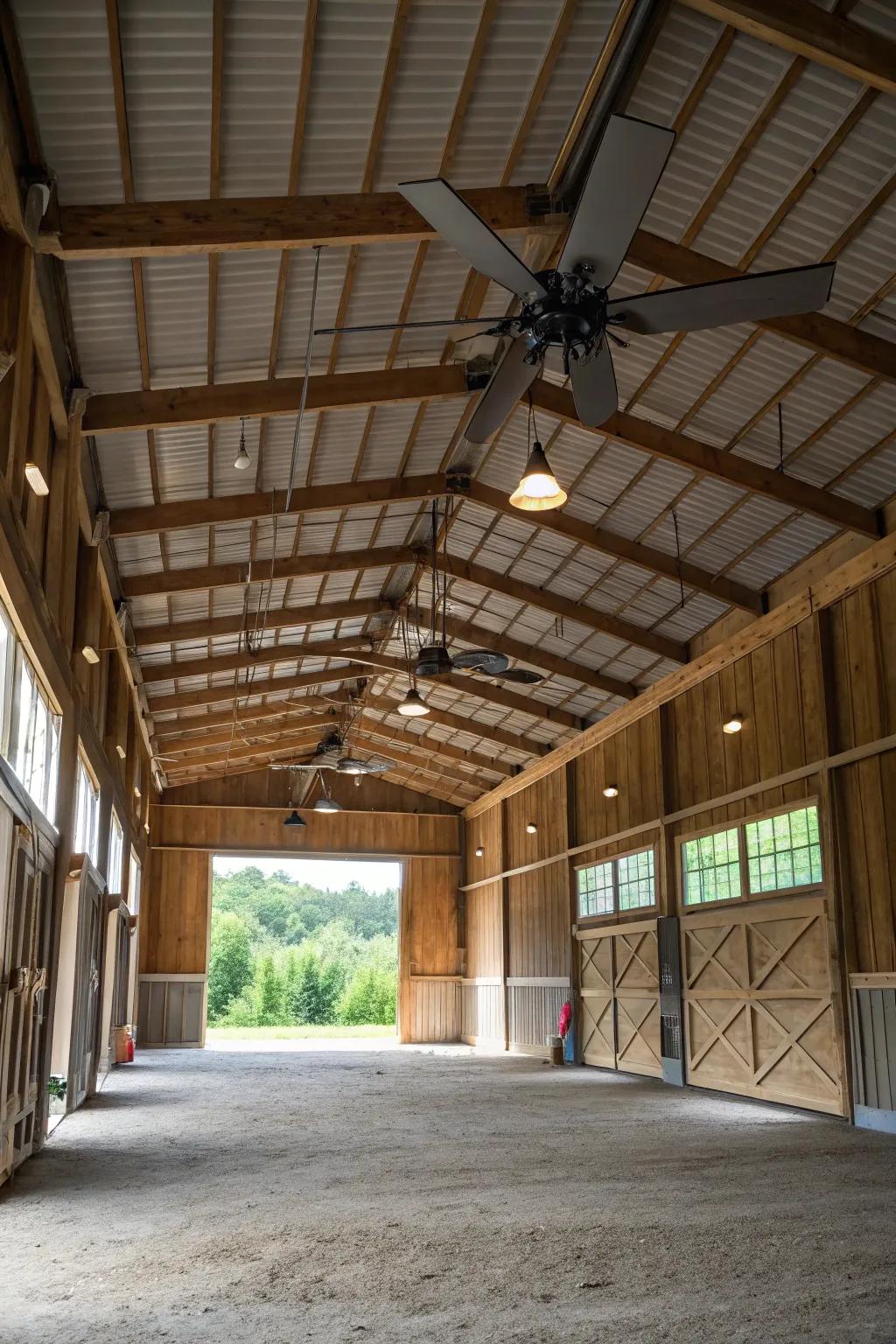 Ceiling fans provide comfort and air circulation in this barn garage.