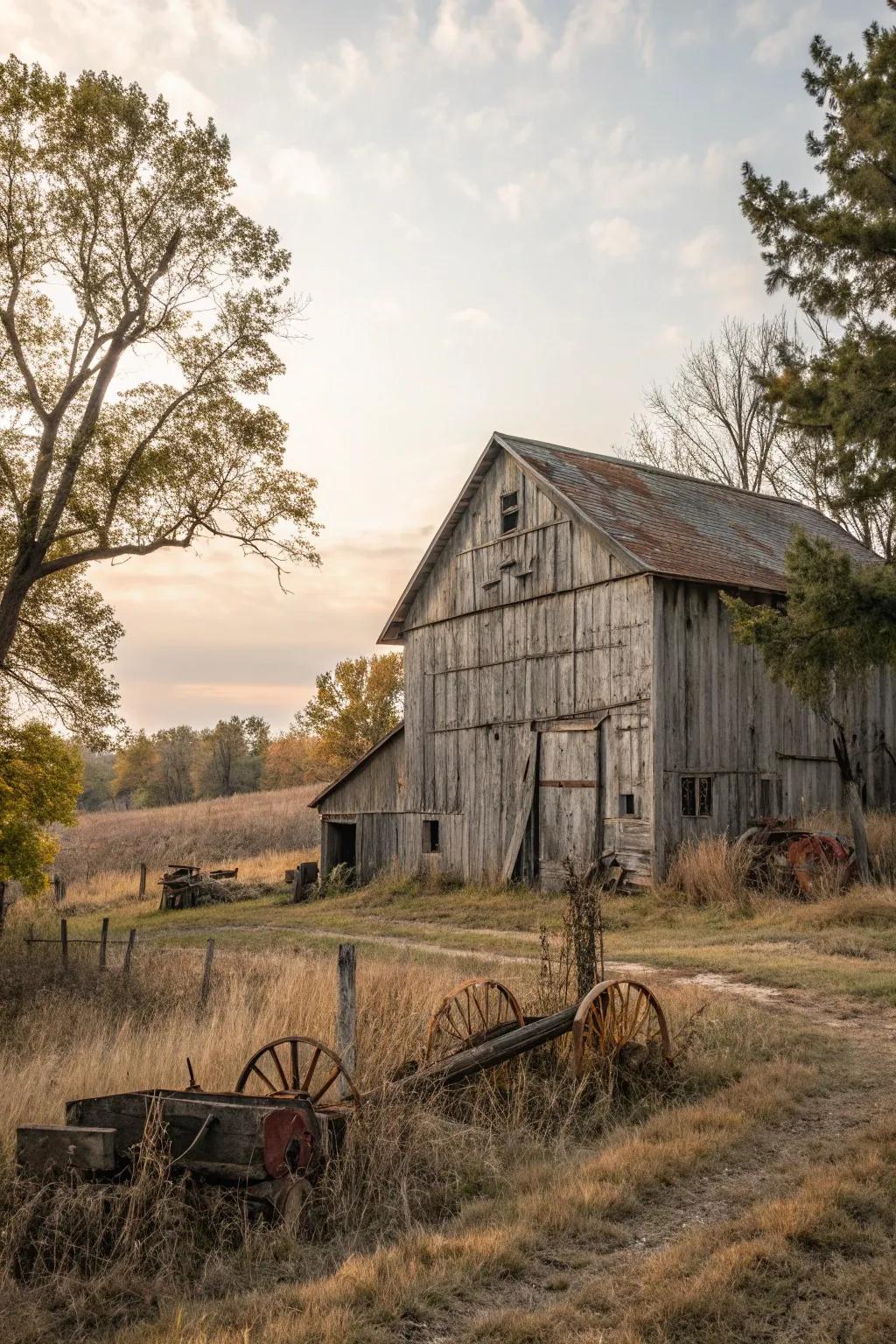 A barn with weathered wood siding that tells a story through its patina.