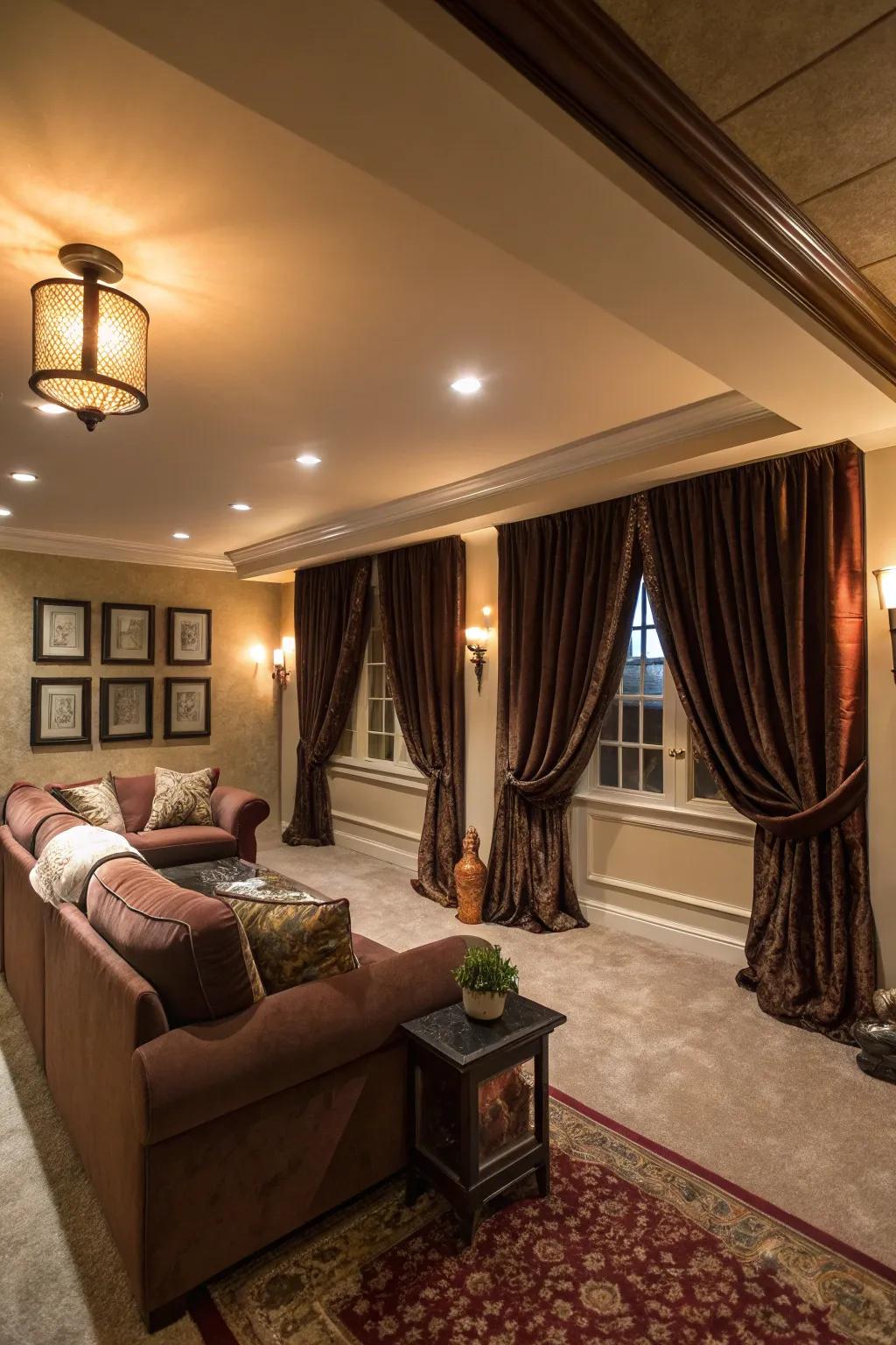 Curtains add warmth and style to this well-designed basement.