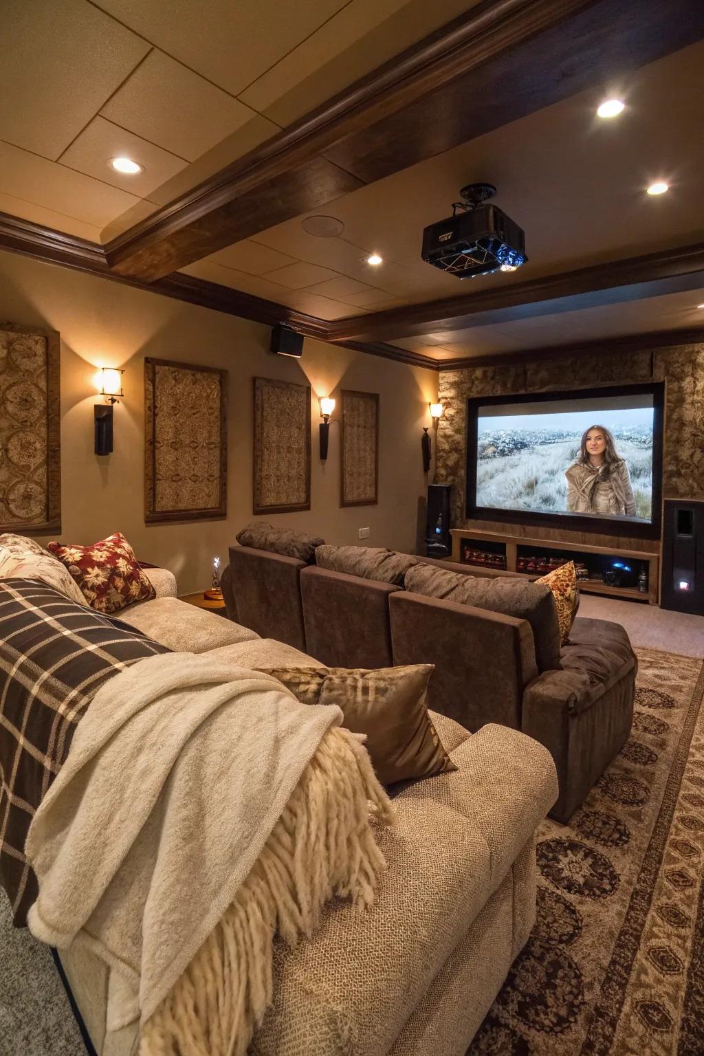 Cozy textiles and throws enhance warmth and comfort in your media room.