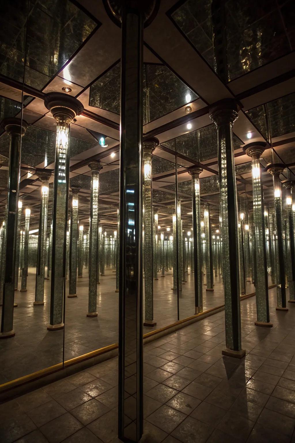 Mirrored poles reflect light and create a sense of spaciousness.