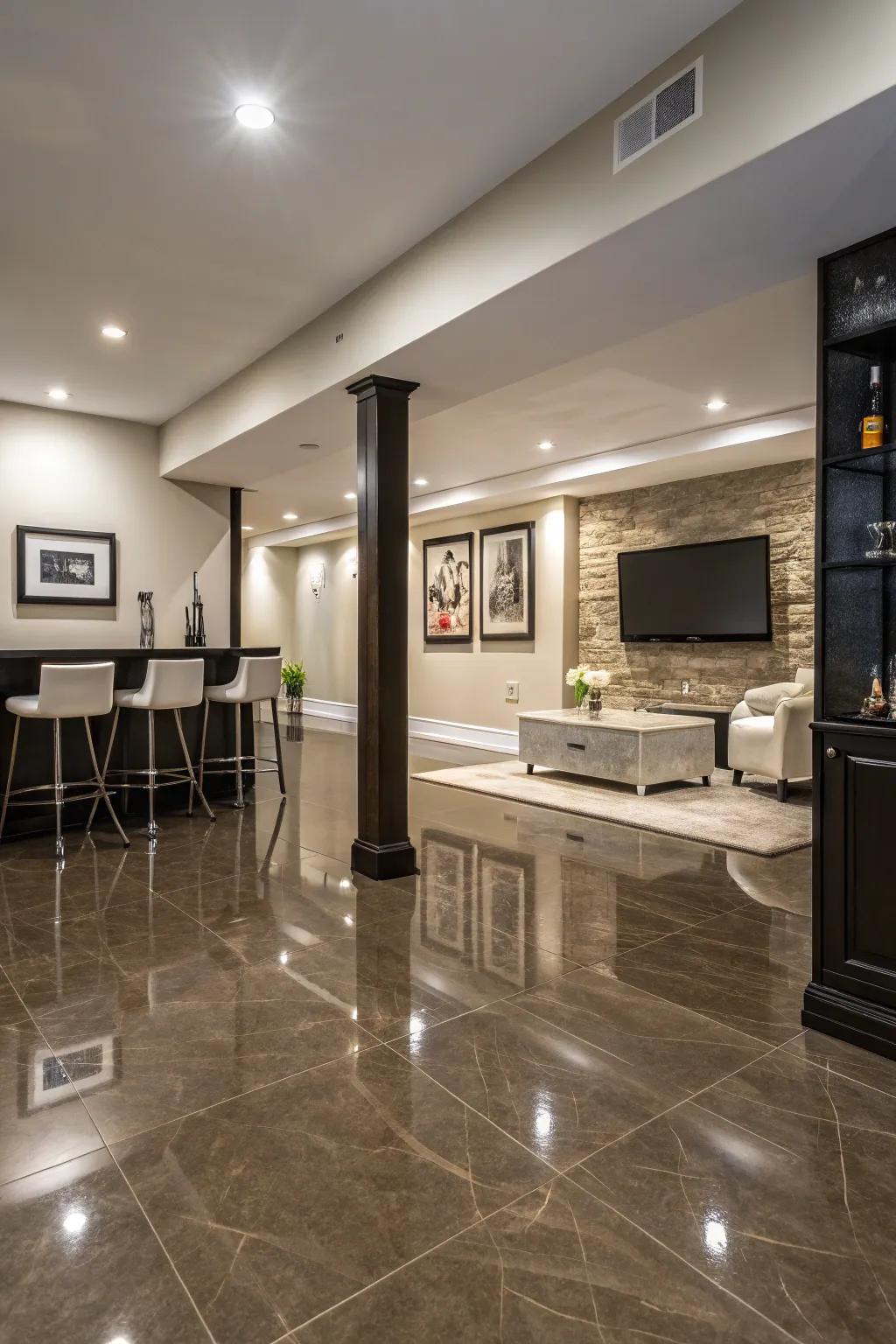 Glossy vinyl flooring offers a sleek, polished finish.