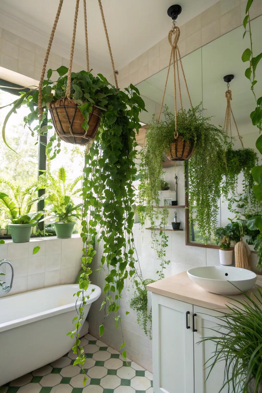 Hanging plants add a lively and refreshing natural touch to your bathroom ceiling.