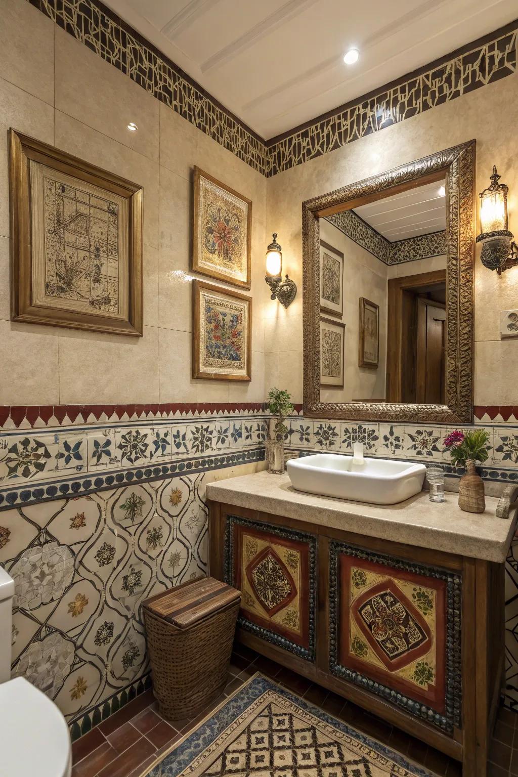 A culturally inspired bathroom with rich colors and patterns.