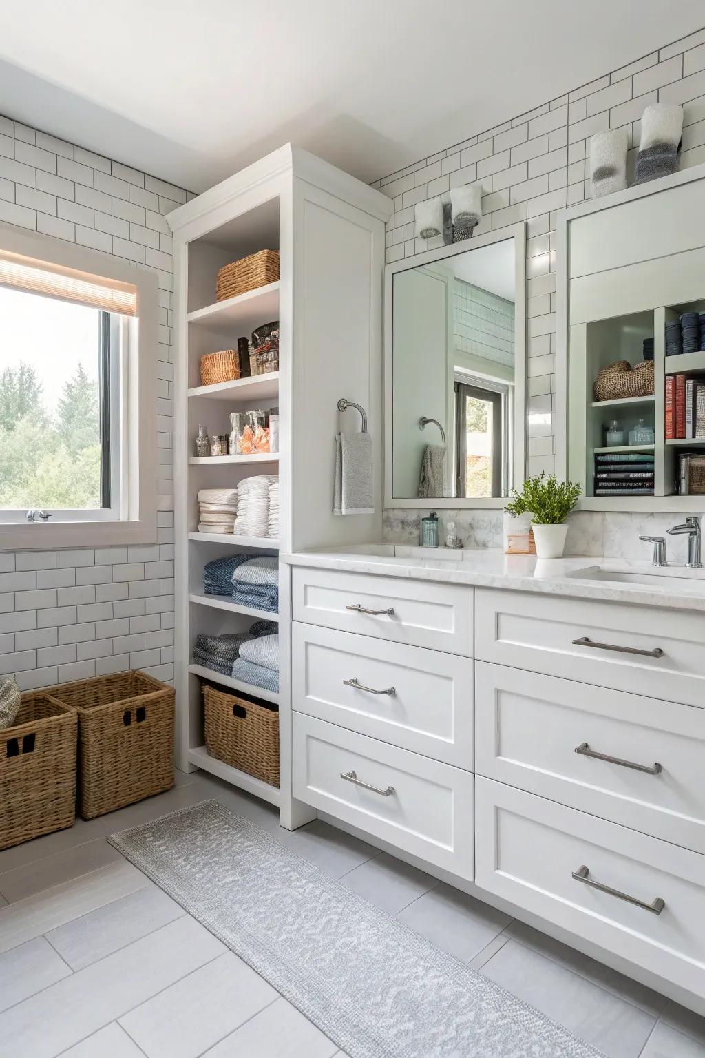 A bathroom with clever storage solutions for optimal organization.