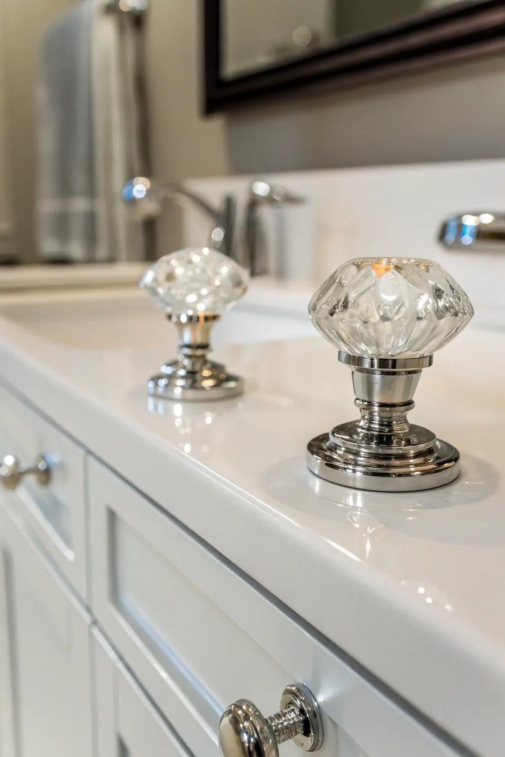 Glass knobs add elegance with a modern touch.