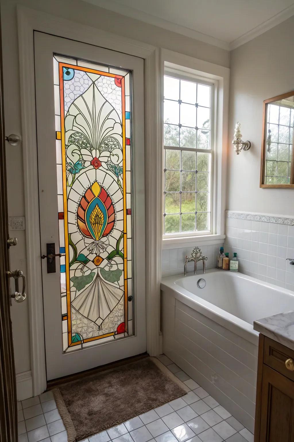 Stained glass brings color and artistry to bathroom designs.