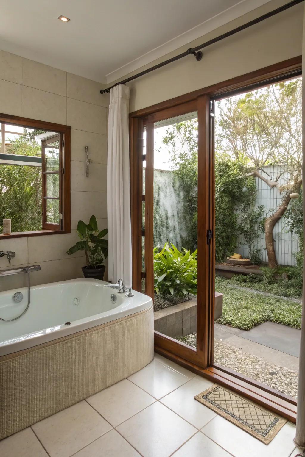 Sliding doors connect this bathtub to a private garden.