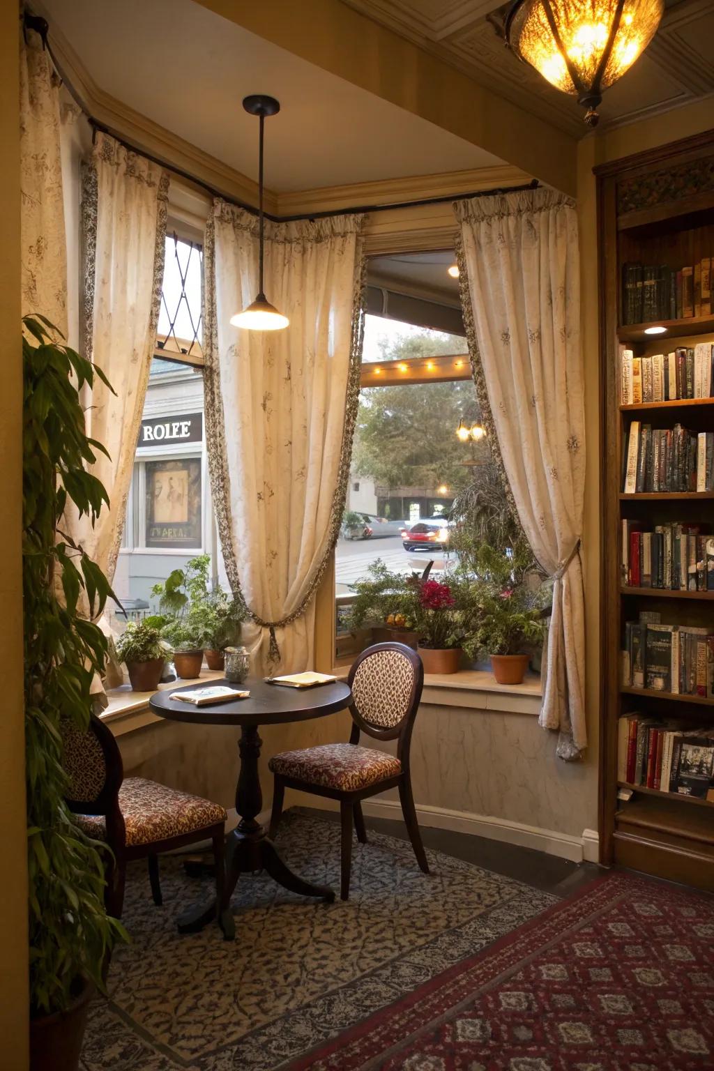 Cafe-style curtains creating a cozy and charming nook.