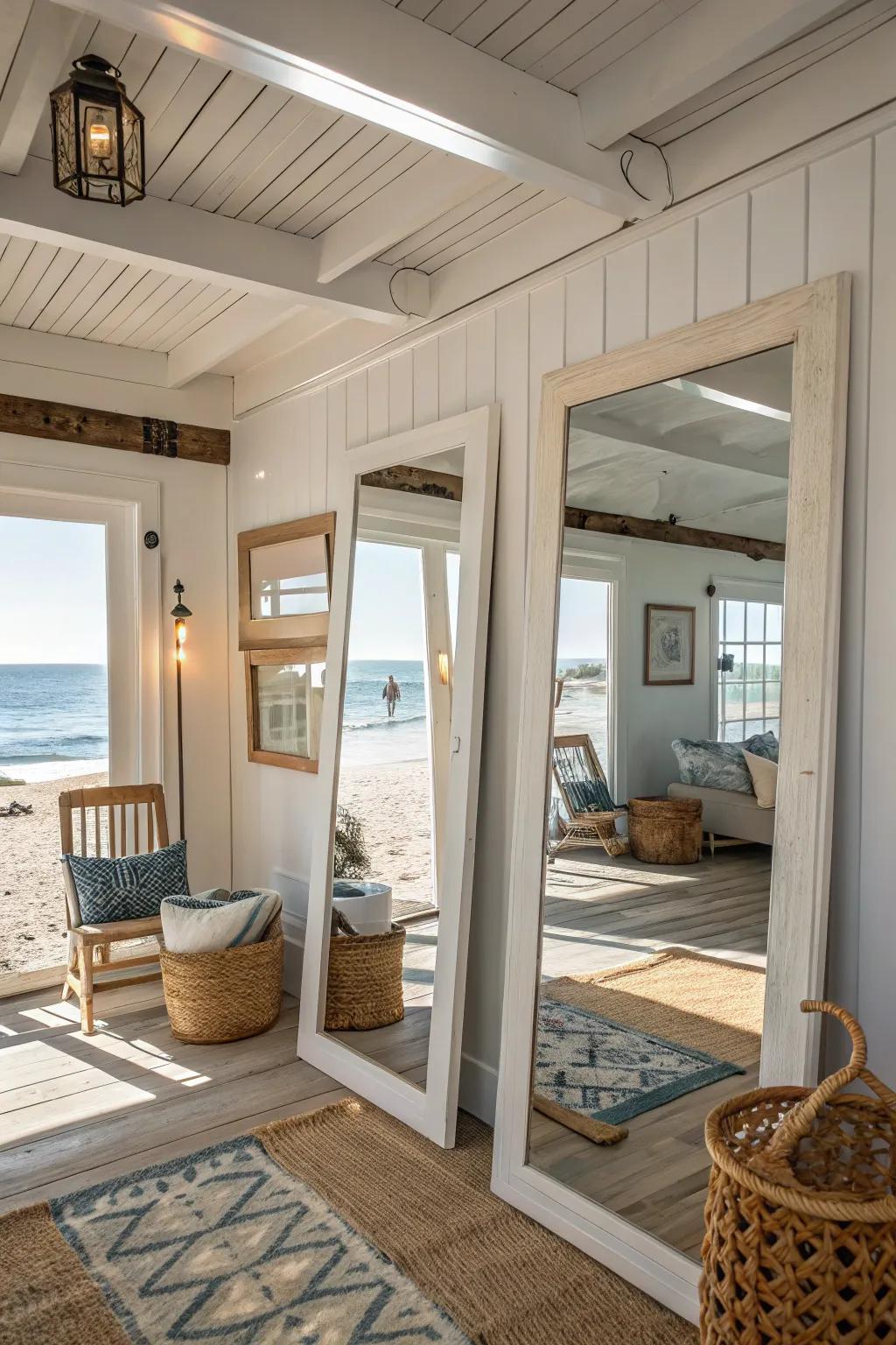 Mirrors that enhance space and light in this airy beach house.