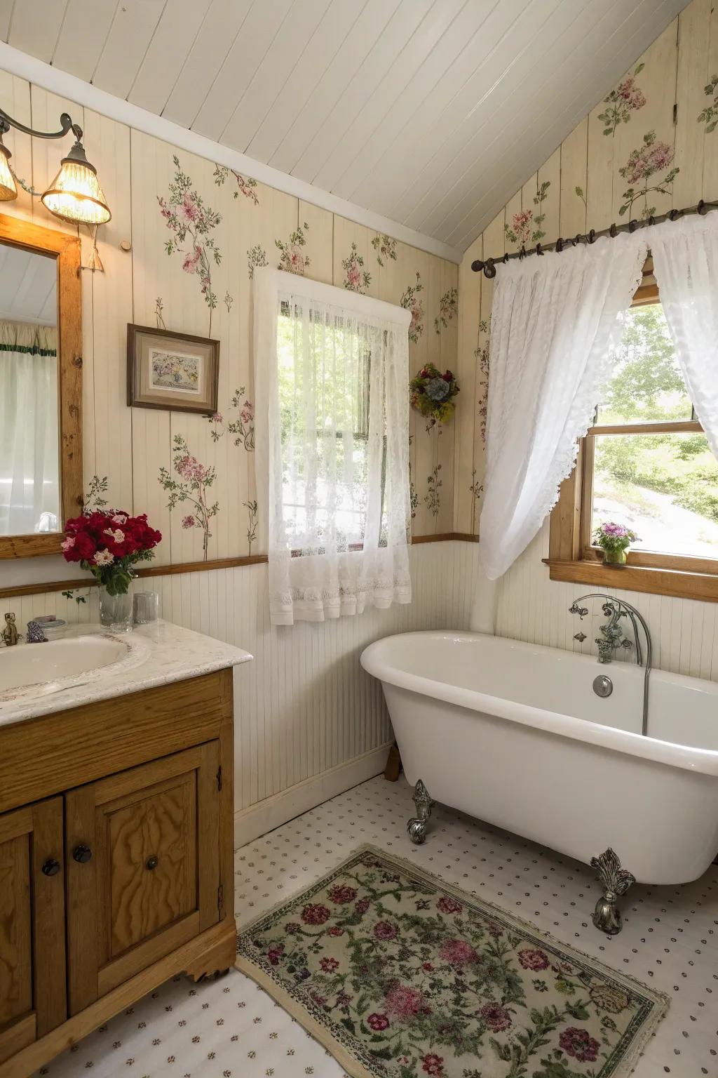 Beadboard and floral accents create cottage charm.