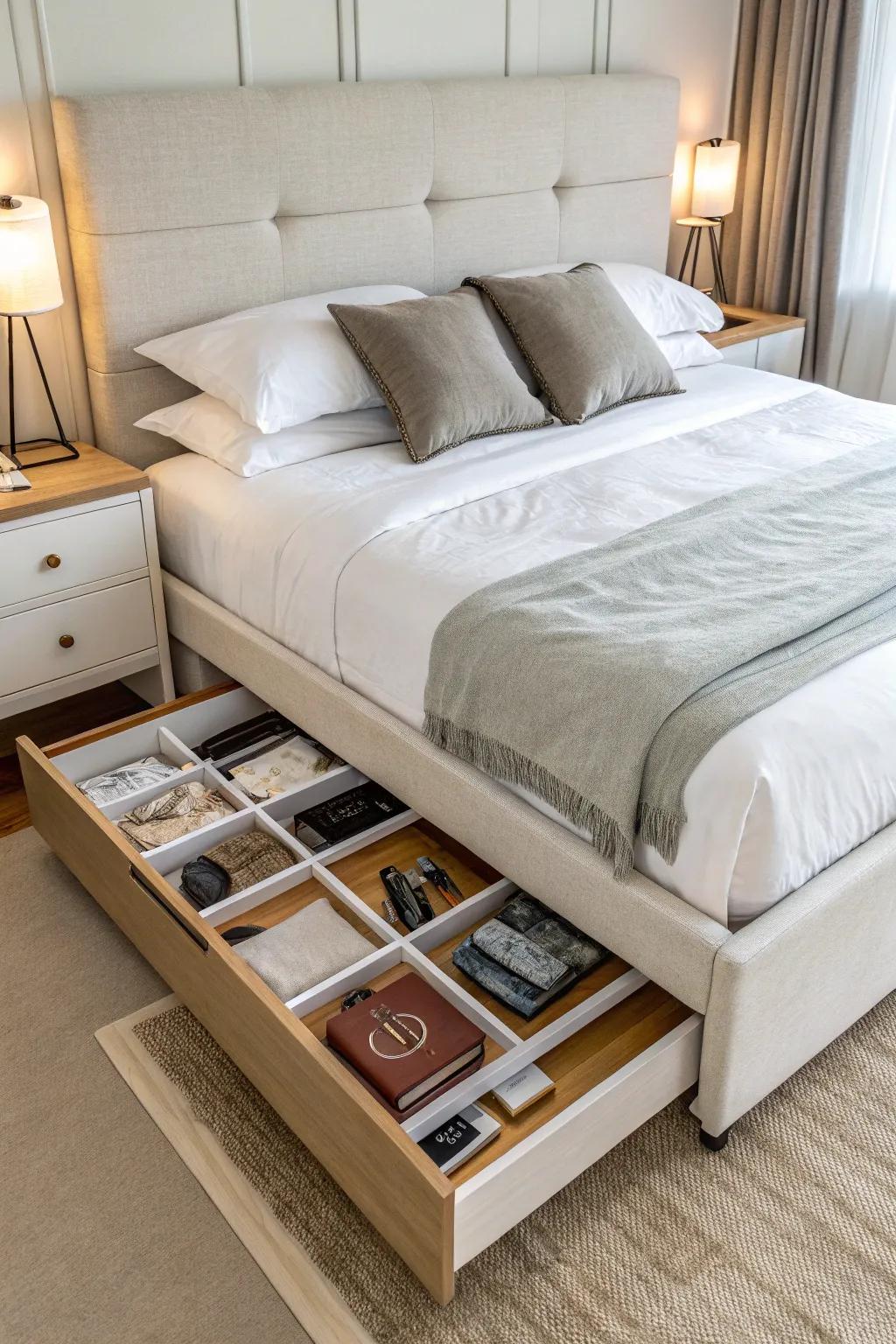 Hidden storage compartments keep a bedroom tidy and clutter-free.