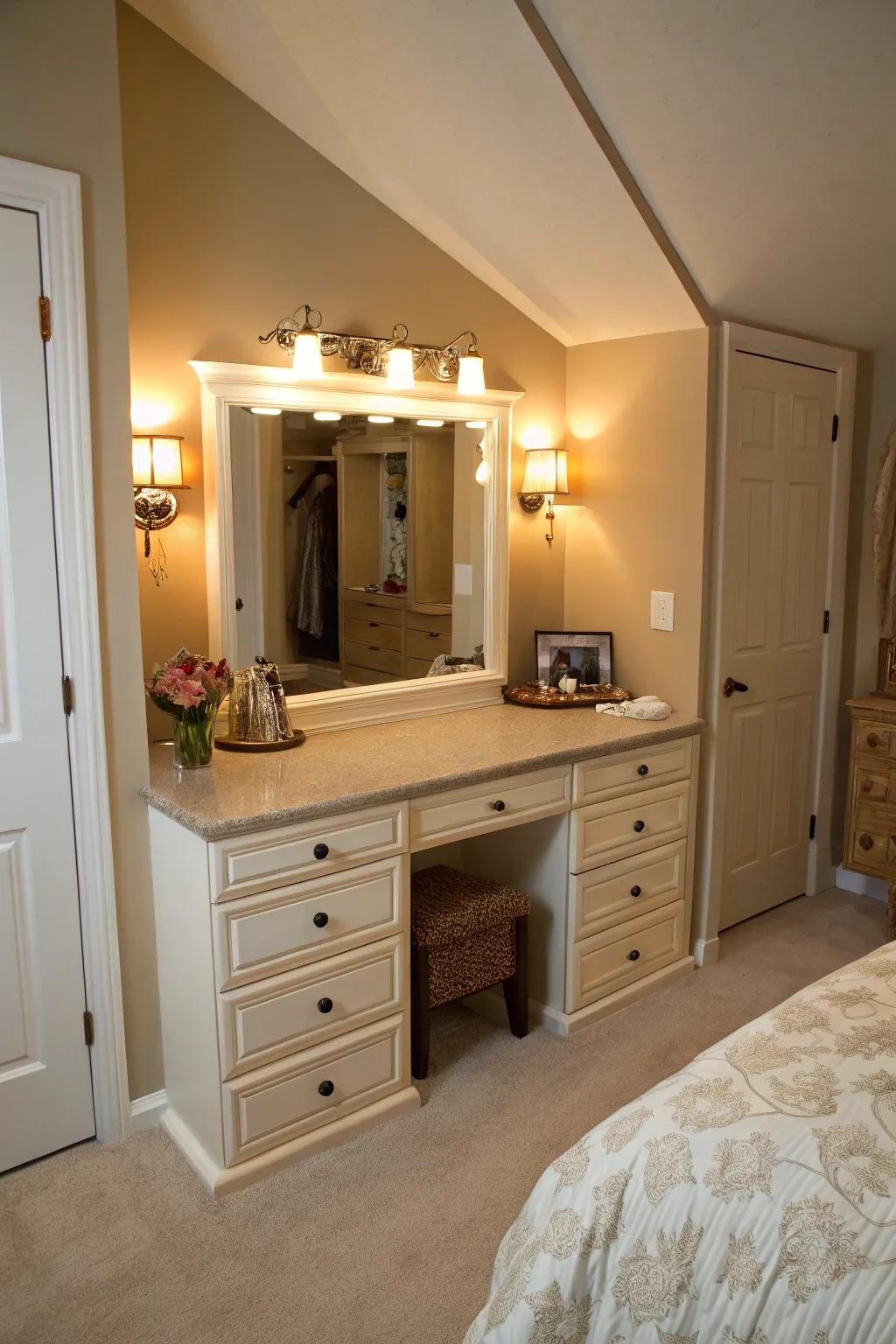 Enhance your bedroom with a stylish built-in vanity in the knee wall.