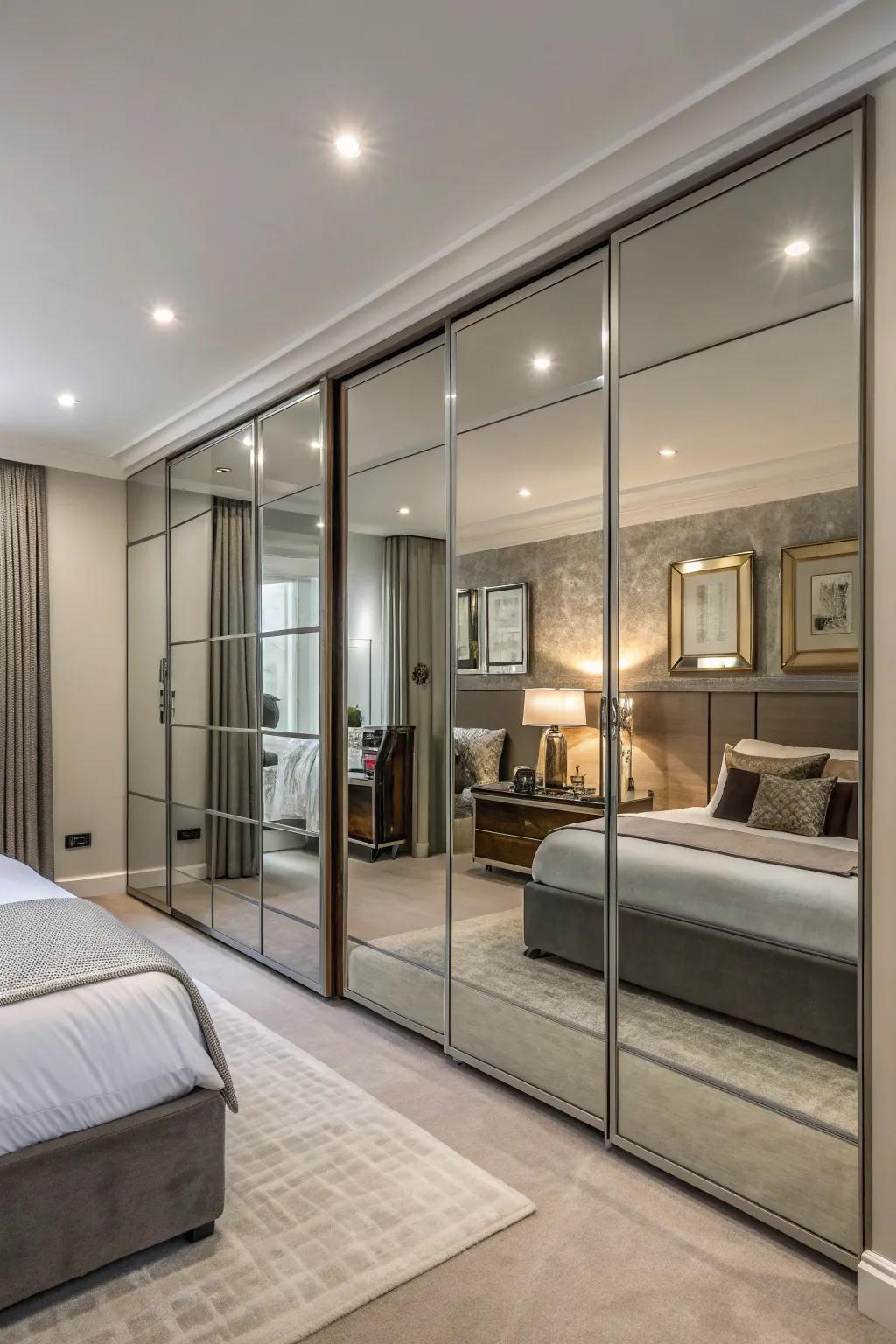 Wall mirror panels creating an expansive and dramatic effect in the bedroom.