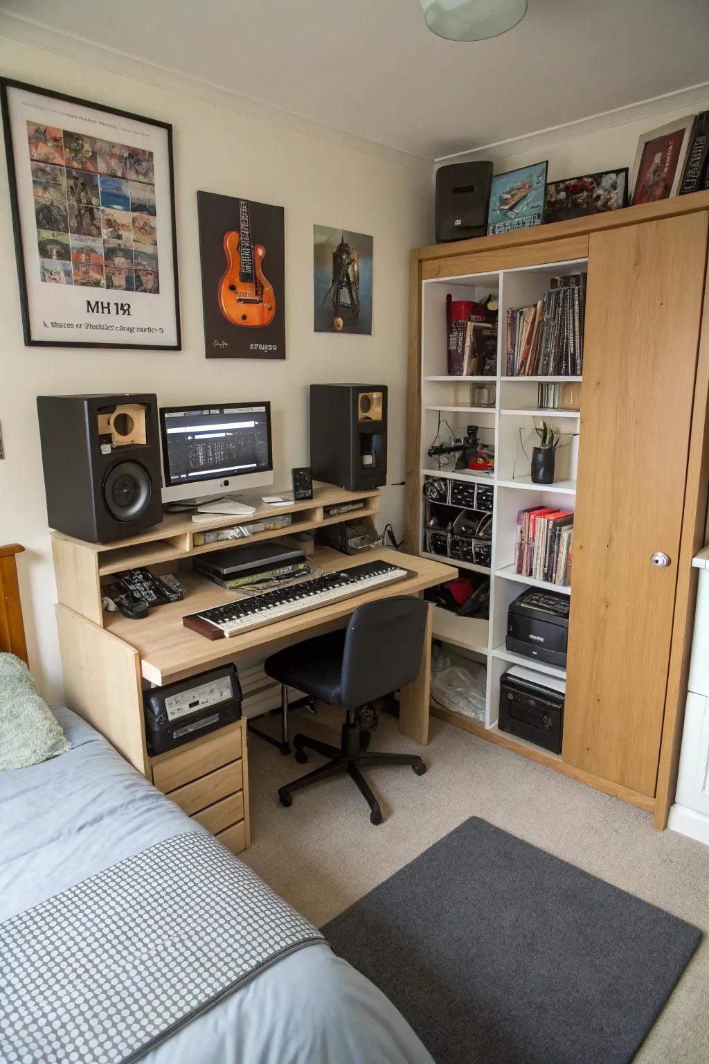 Multi-functional furniture maximizes space and utility in a small music studio.