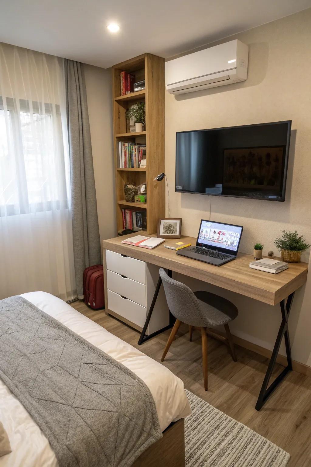 A small workspace adds functionality to your bedroom TV area.