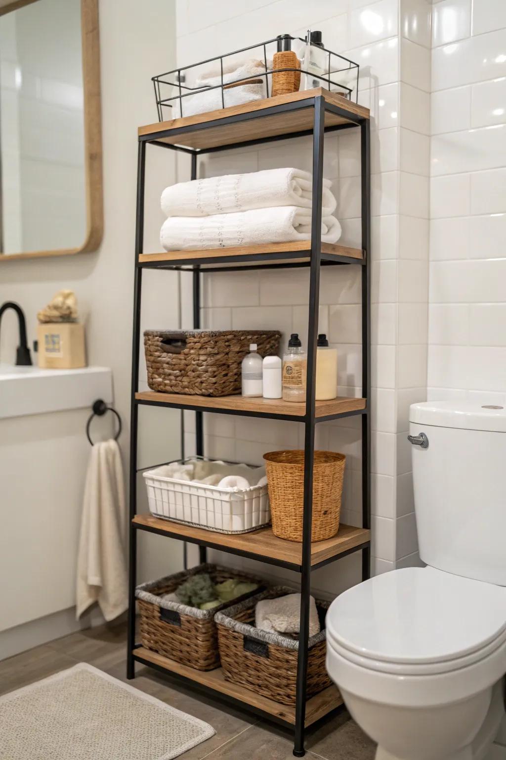 Multi-tiered shelving maximizes vertical space efficiently.