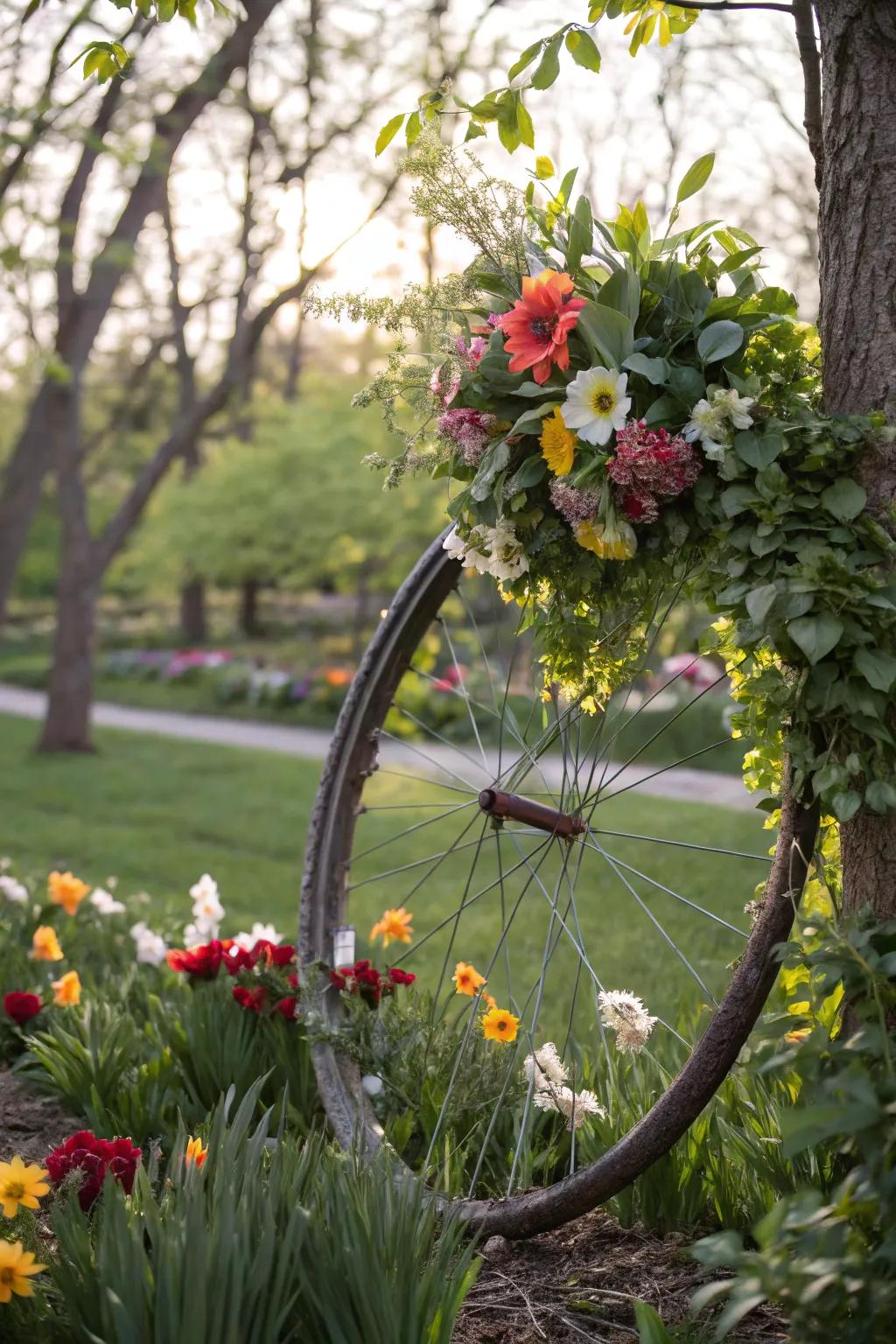 A garden-inspired bicycle wreath with an abundance of flora for a natural look.