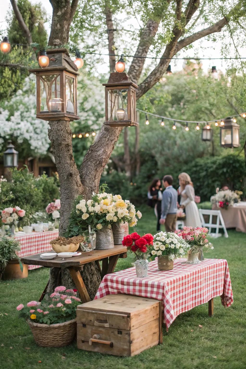 A serene garden party setup with rustic decor and fresh flowers.