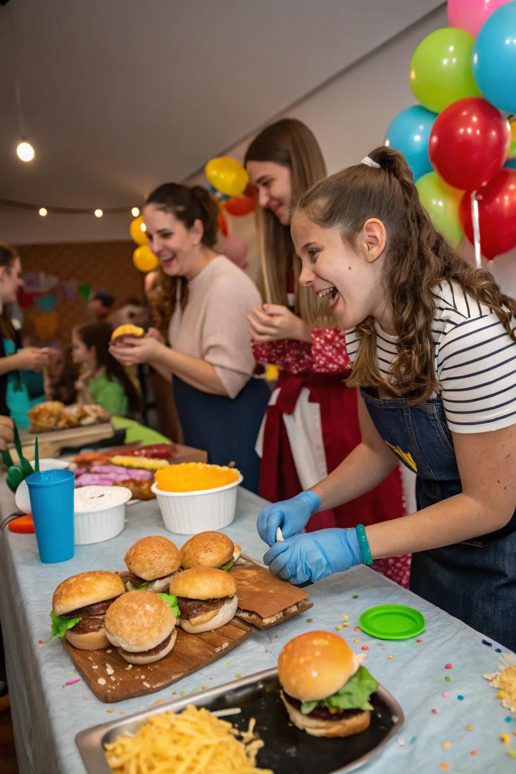 A burger challenge adds a playful element to the party.