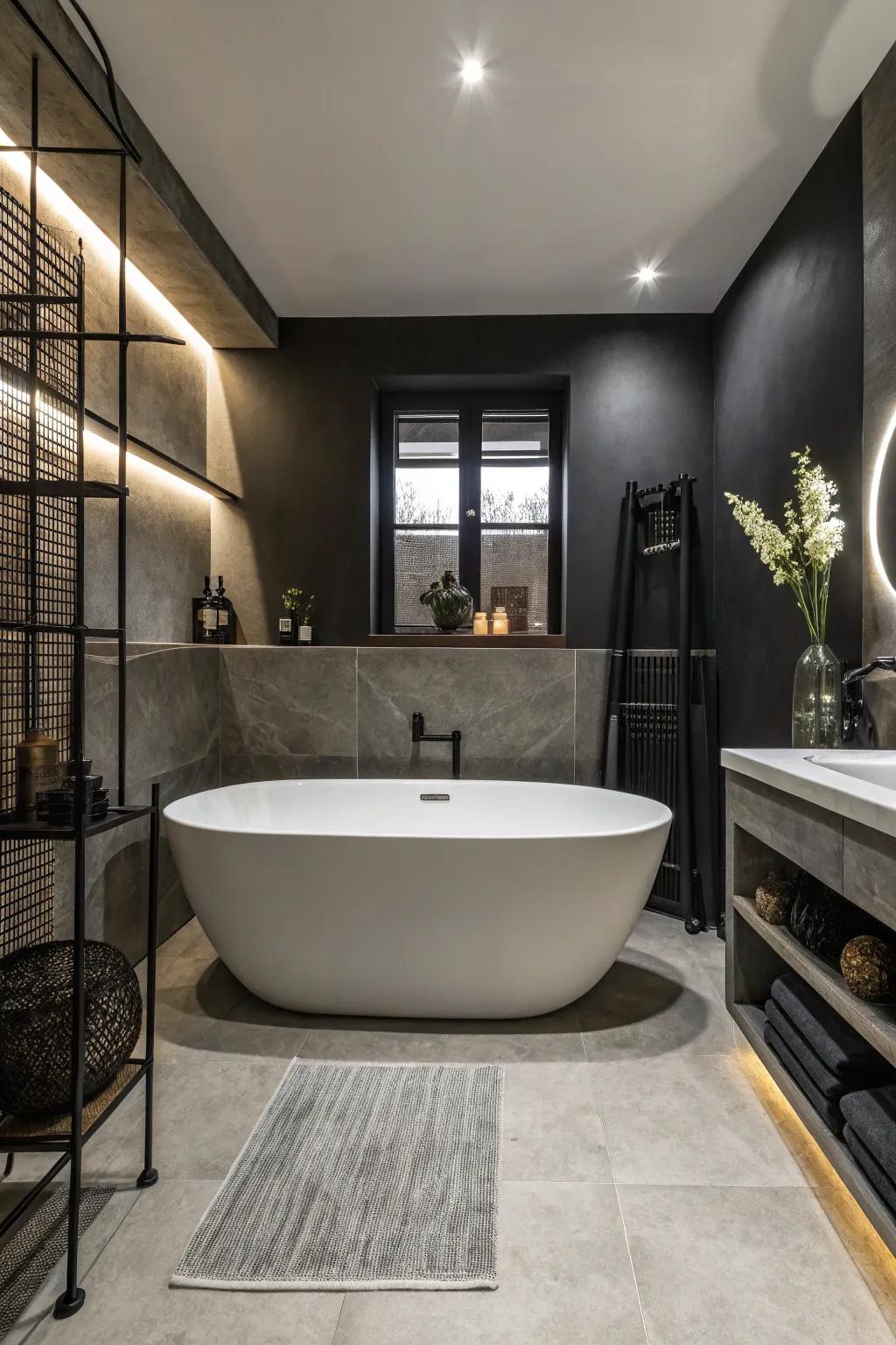 A bathroom featuring a freestanding tub for a touch of luxury and elegance.