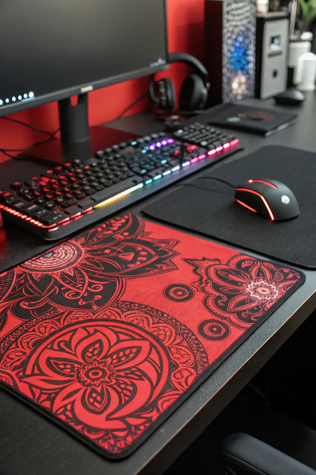 A custom desk mat with a red and black pattern adds a personal touch to the setup.