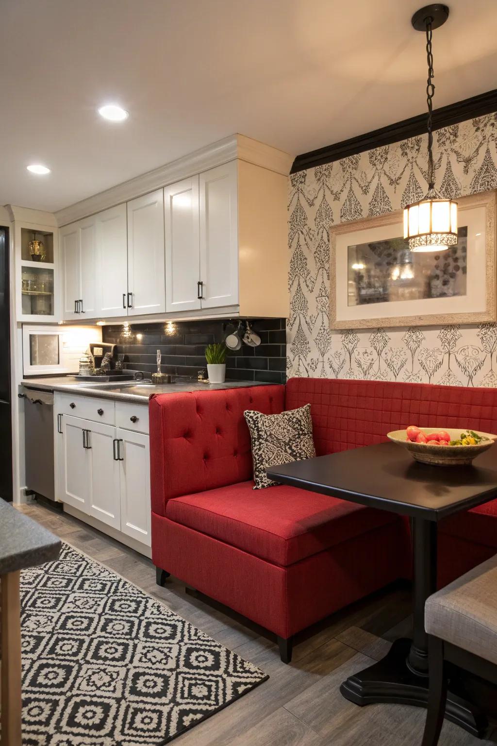 A cozy red seating nook invites relaxation in the kitchen.