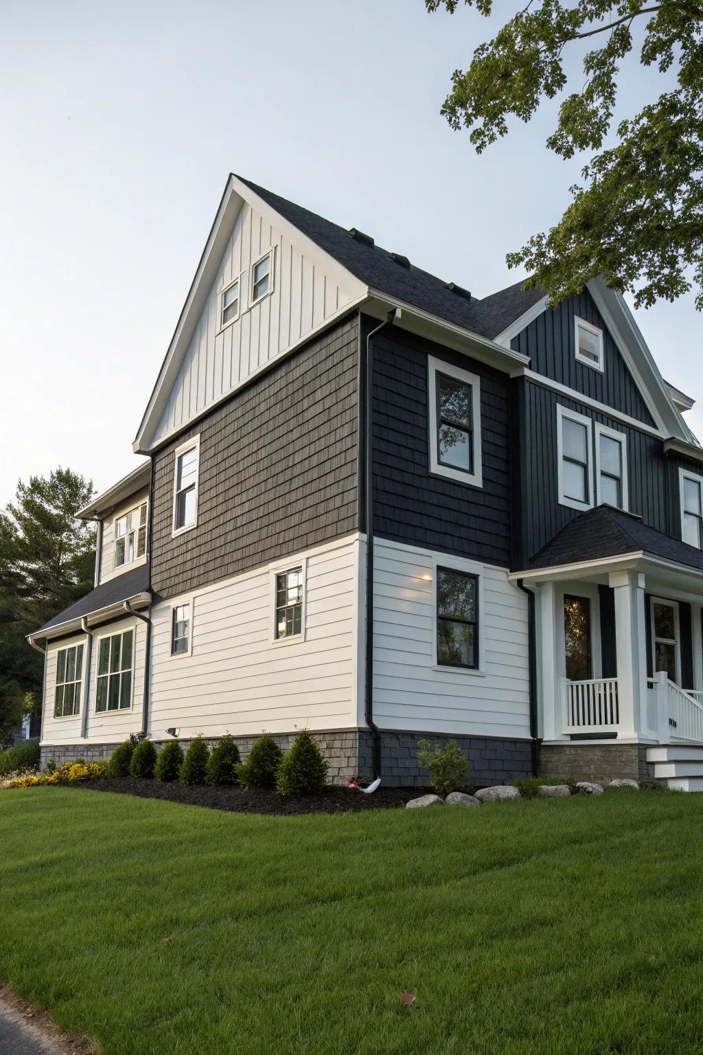 Dynamic textures from mixed sidings create an eye-catching exterior.