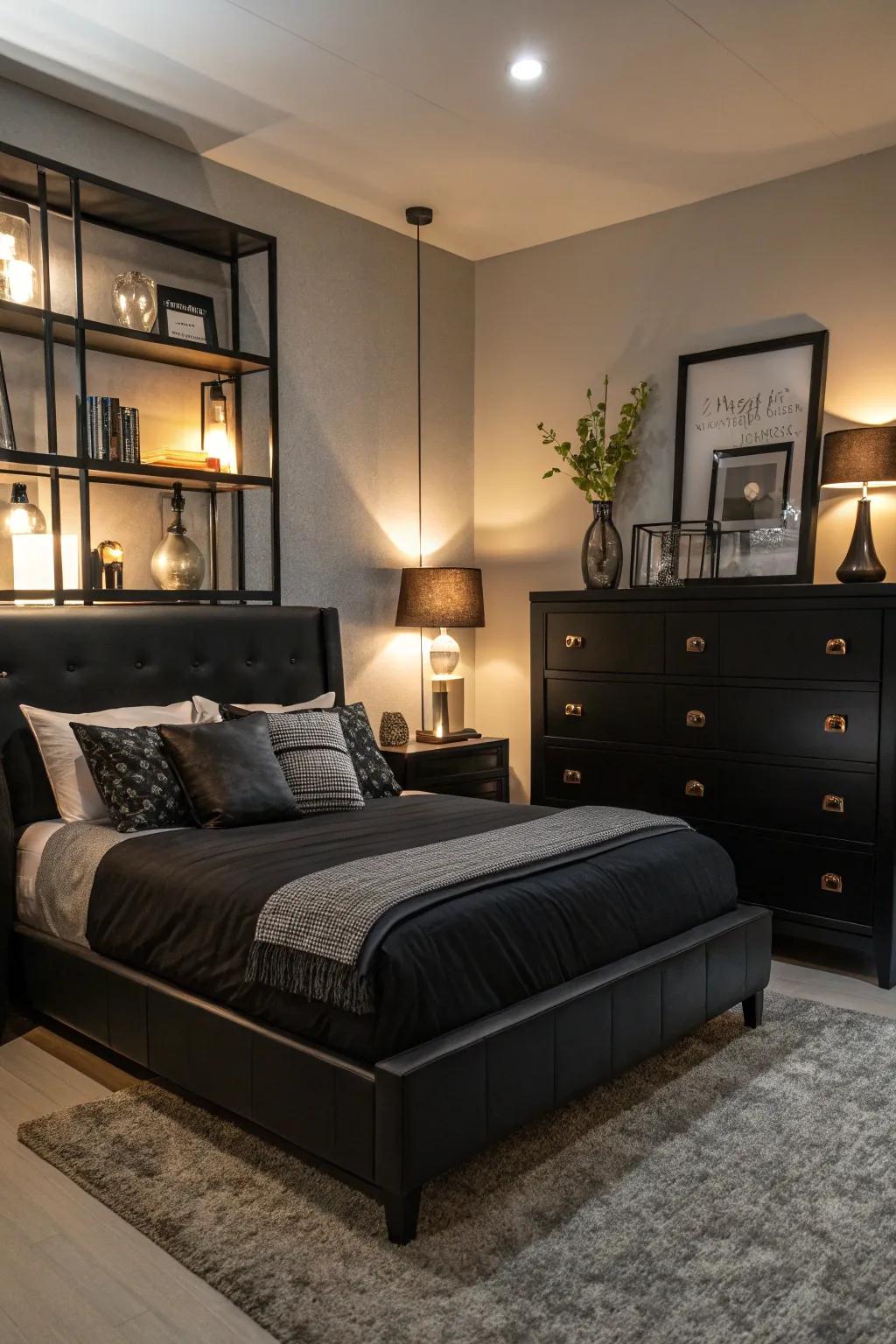 Layered lighting creates a warm and inviting atmosphere in this bedroom.