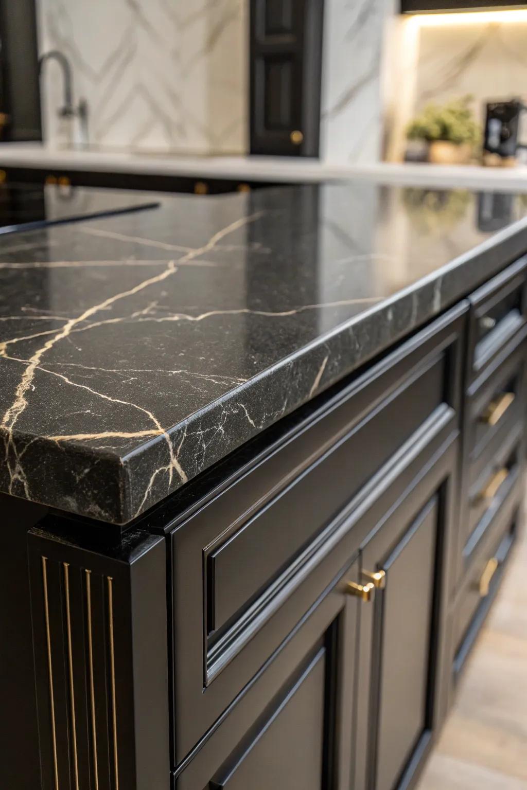 Subtle veining adds elegance to black countertops.