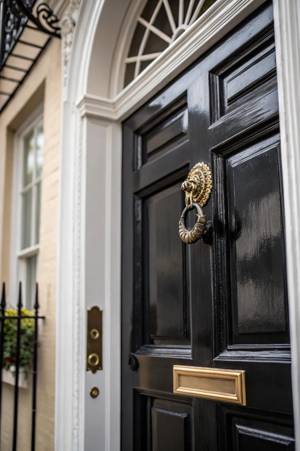 An antique brass door knocker adds character to a black door with white trim.