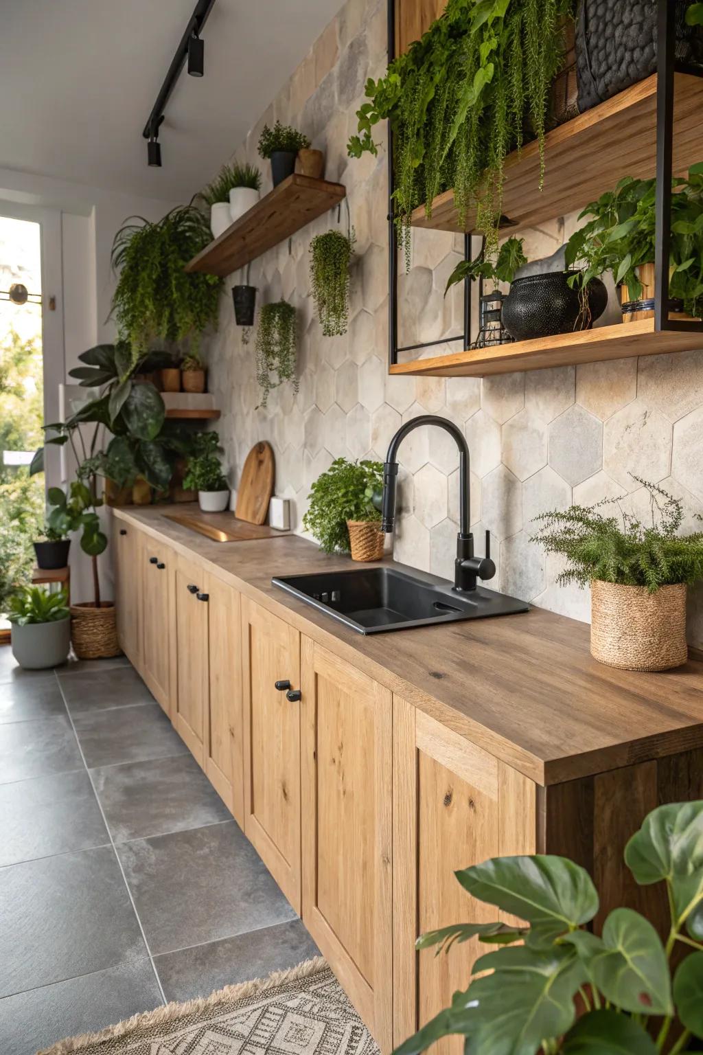 Sustainable style is showcased in this eco-conscious kitchen with a black faucet.