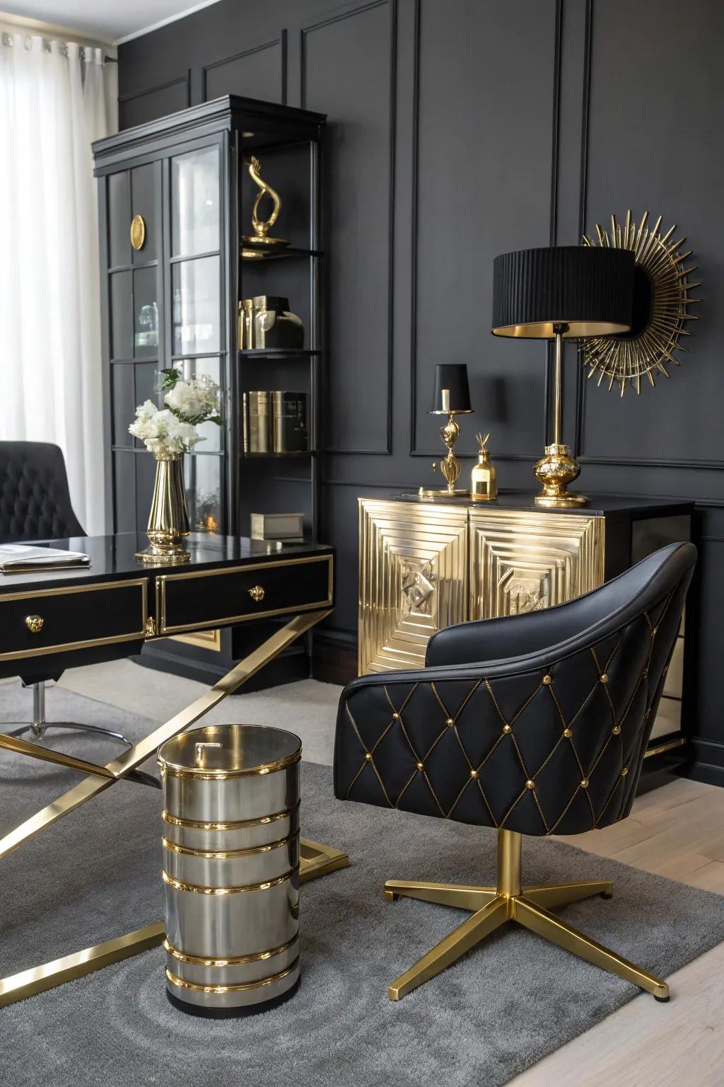 Metal accents introduce luxury and sophistication to a black office.