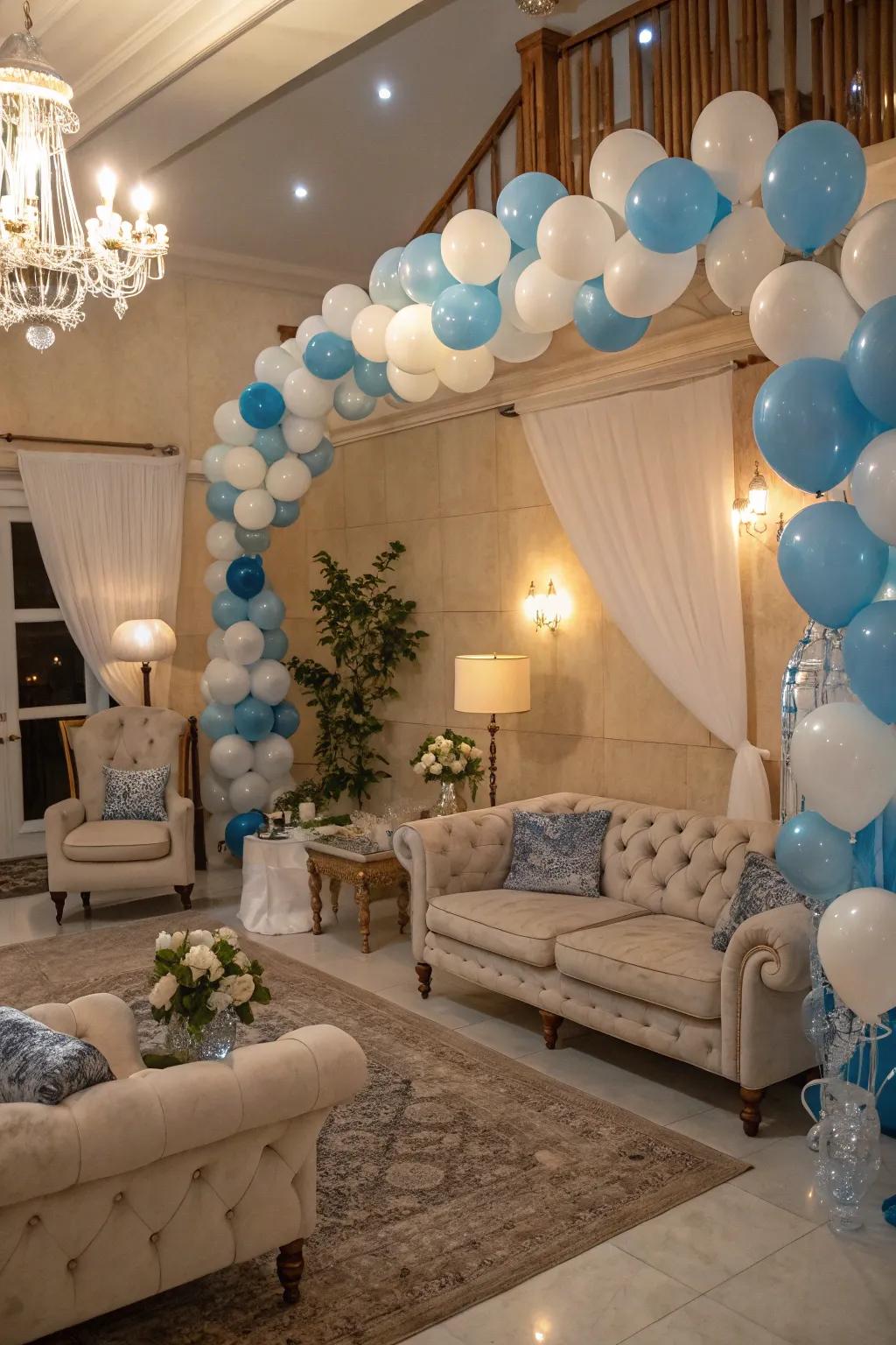 A stylish lounge area with balloon decor offers a cozy retreat.