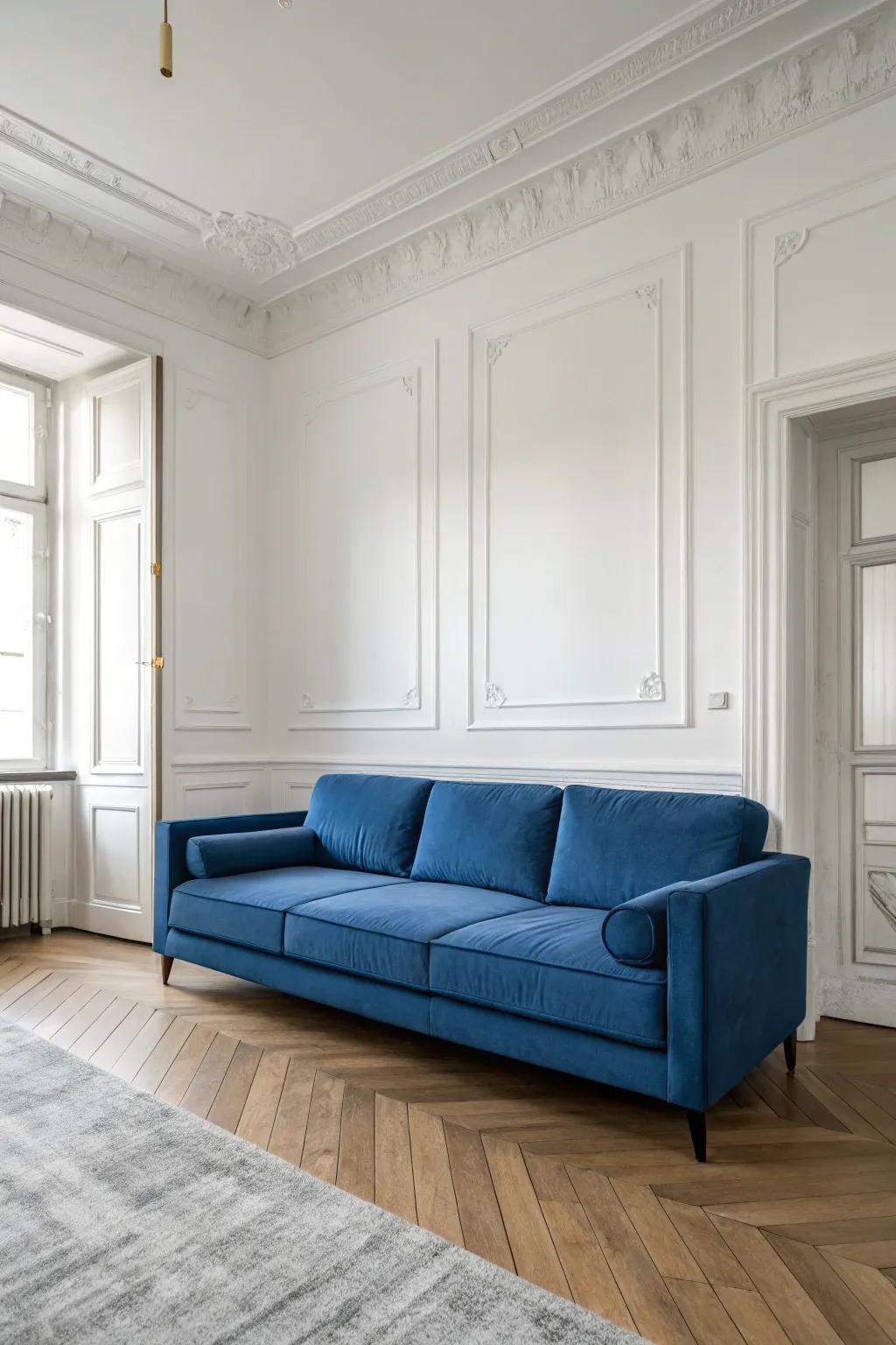 A minimalist setup highlights the blue couch as the central element.