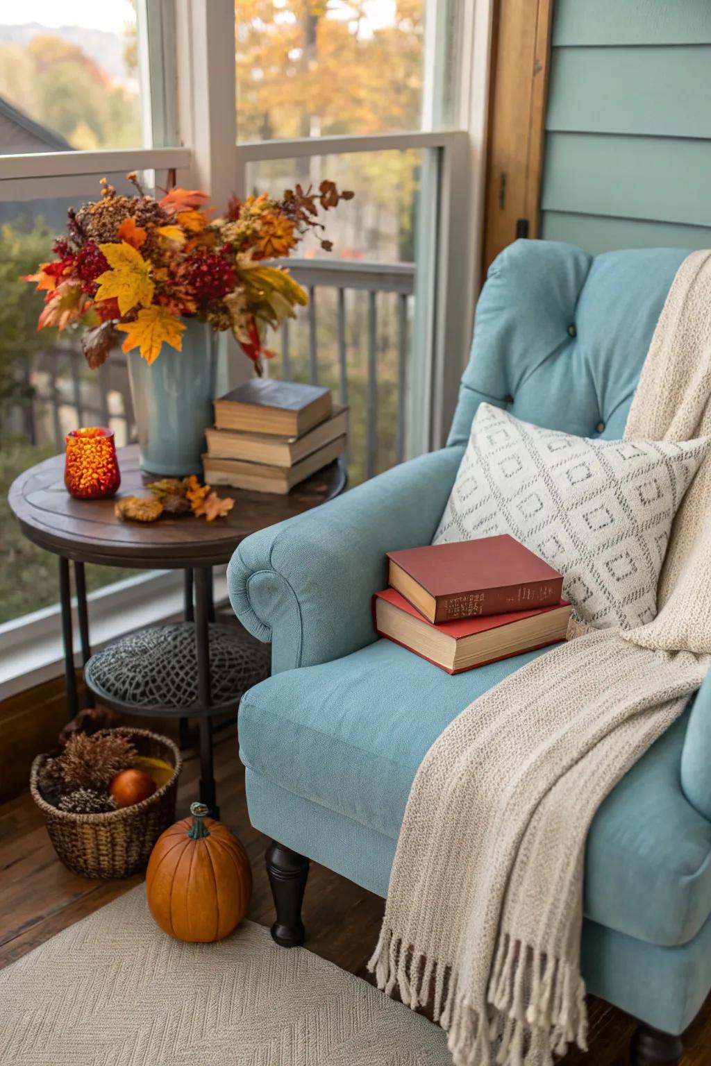 A charming reading nook with blue accents.