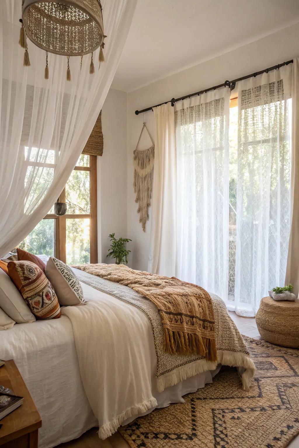 Layered window treatments add elegance and functionality to this boho bedroom.