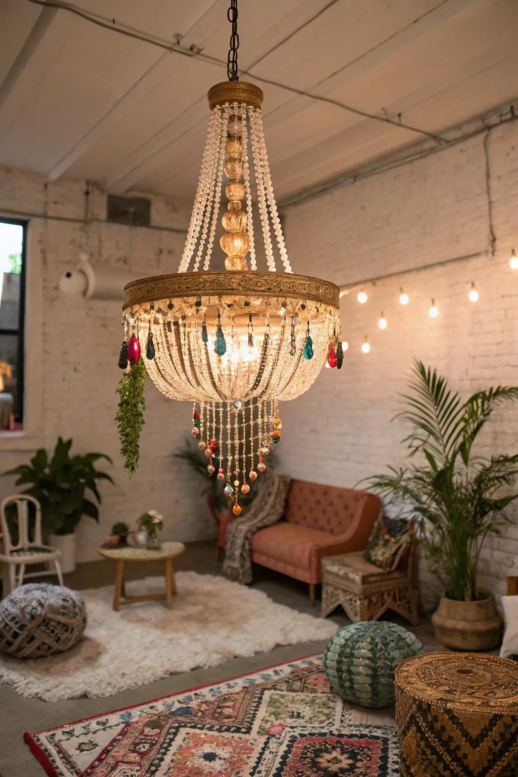 A boho chandelier adds elegance and charm to the space.