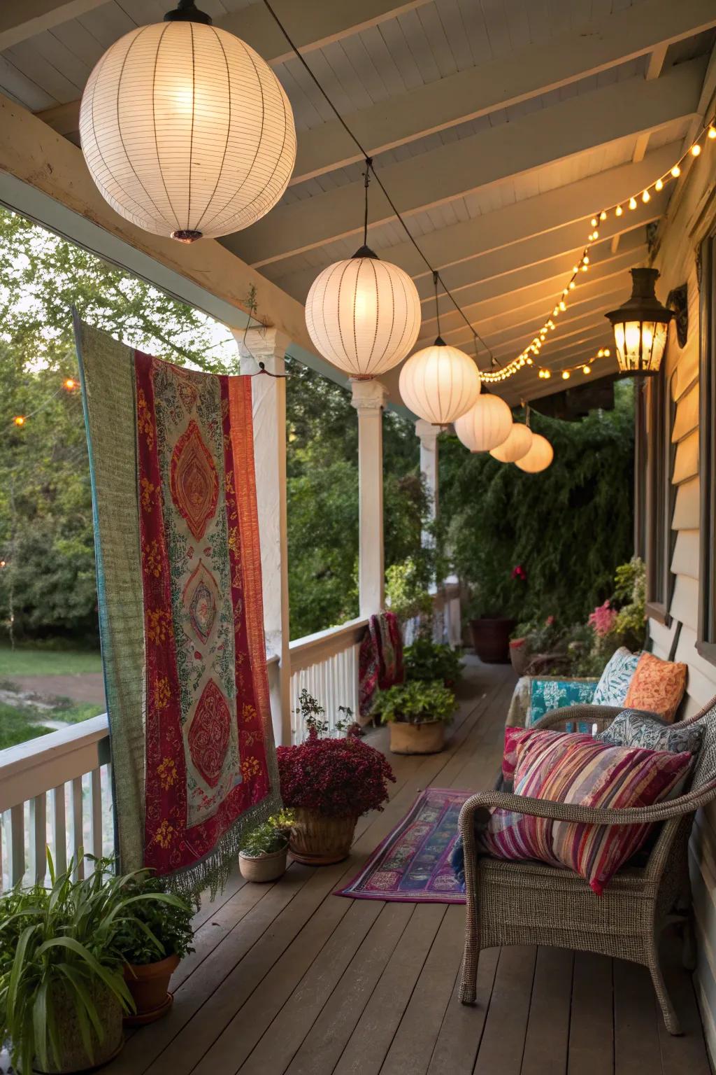 Paper lanterns infusing a bohemian porch with a light, airy feel.