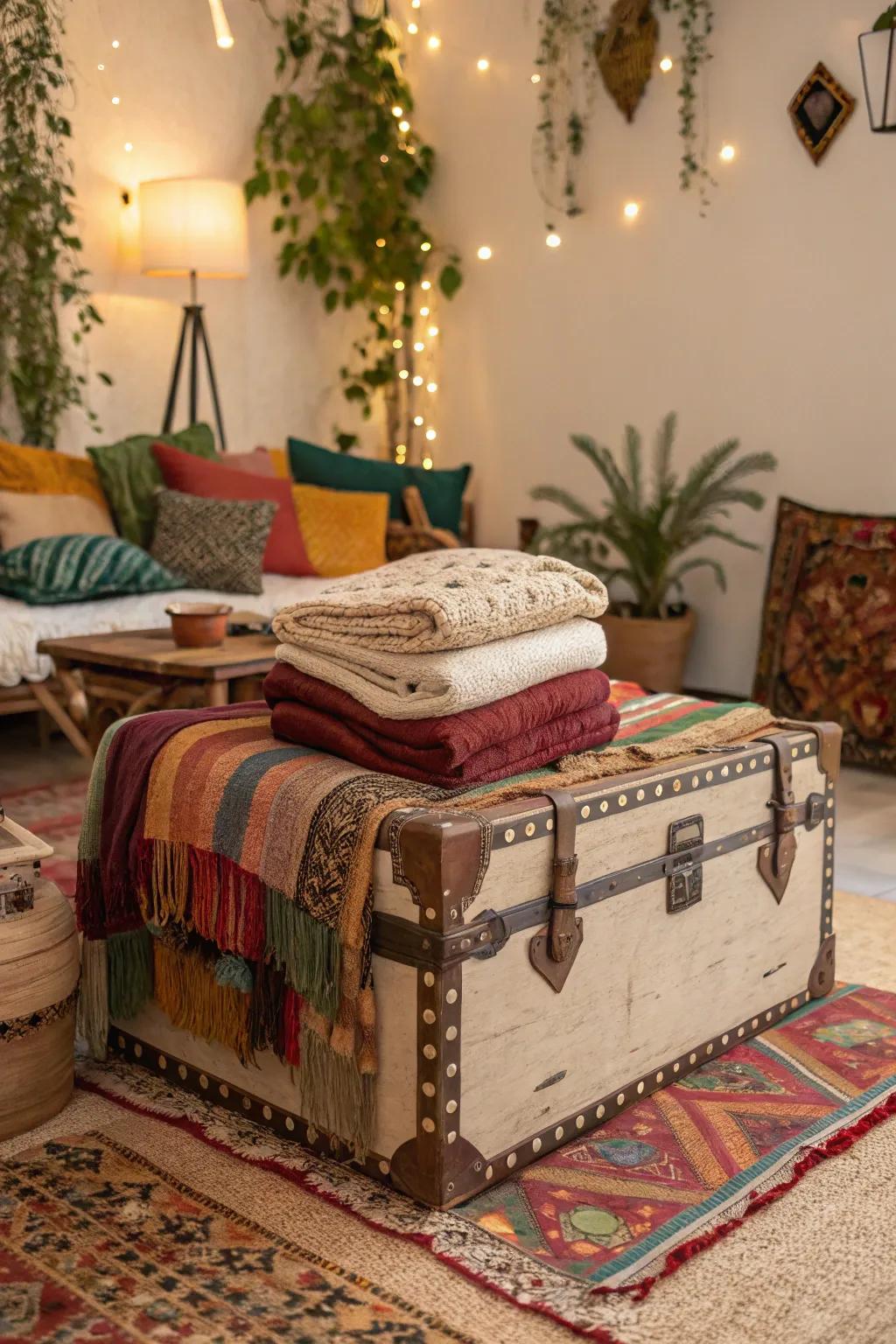 Layered textiles on trunks create a cozy and functional space.