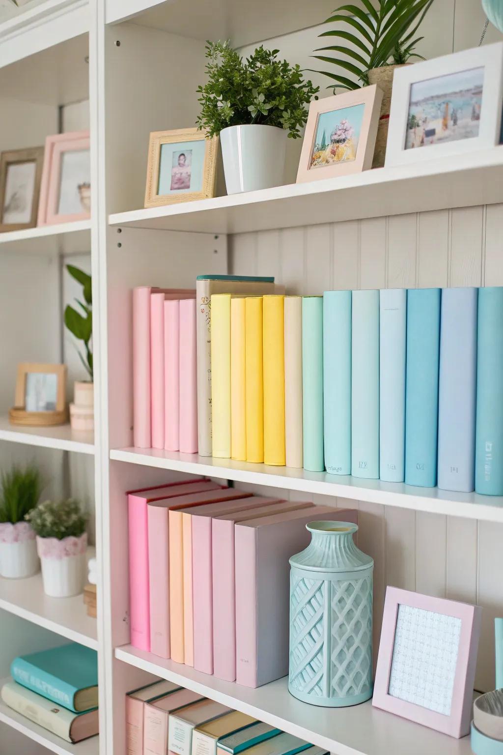 Pastel accents bring a soft and inviting feel to a bookshelf.